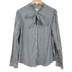 J.Crew Factory Blue & White Striped Bow Tie-Neck Button Down Blouse Sz 2X Preppy